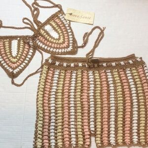 Love Sense Crochet Two-Piece Set in Brown, Cream, Pink & Olive